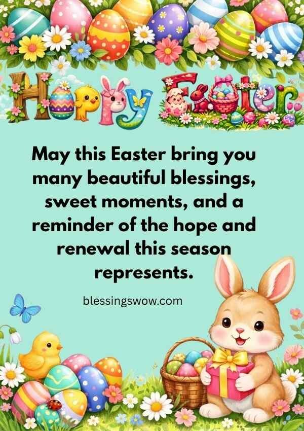 Cute Easter wishes with bunny, colorful eggs, and joyful spring theme