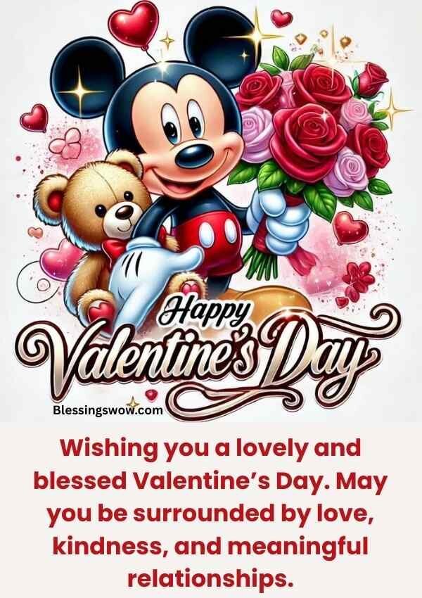 Cute Happy Valentine’s Day wishes with teddy bear and flowers