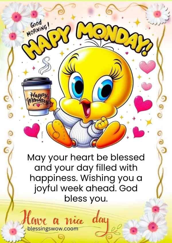 Good morning and happy Monday blessings with coffee cup illustration and happy vibes