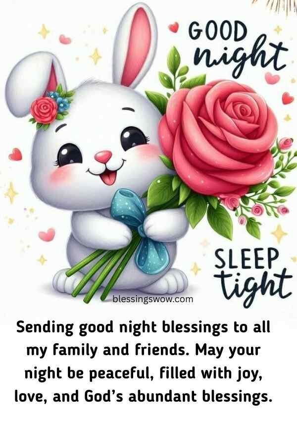 Cute good night wishes and blessings with bunny and flowers