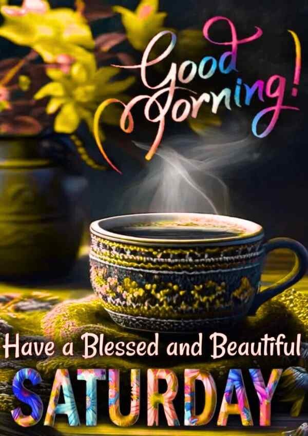 Good Morning Saturday Blessings Image with Coffee and Flowers