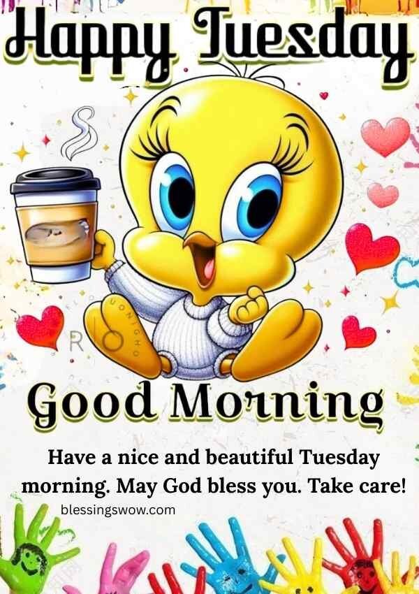 Happy Tuesday good morning blessings with cheerful illustration