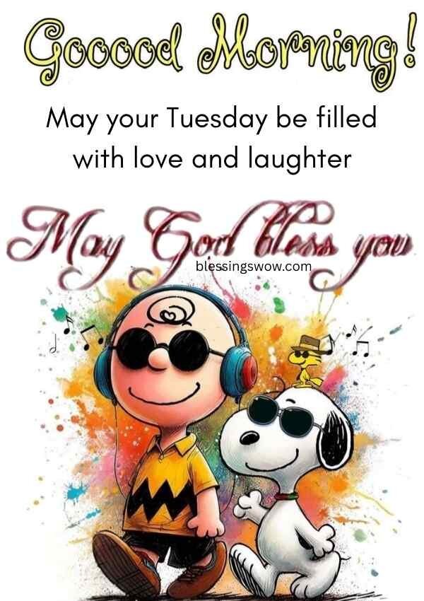Positive Good Morning Tuesday blessings with cheerful cartoon illustration