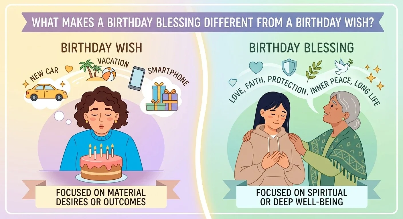 Birthday blessing compared with a birthday wish